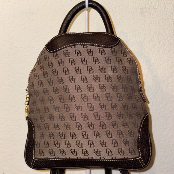 Dooney & Bourke Handbags - Dooney & Bourke DB Monogram Mini Backpack Brown Leather Trim Small Bag
